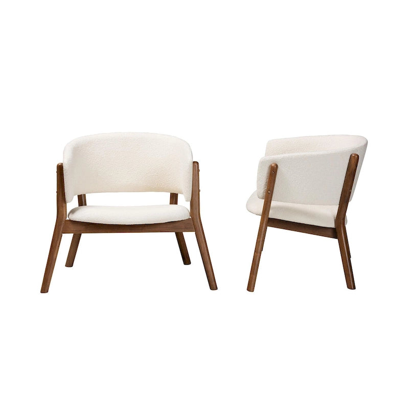 Fauteuil d'appoint Baron Mid-Century Modern en tissu bouclé crème et bois finition noyer brun, ensemble de 2 pièces pour salon