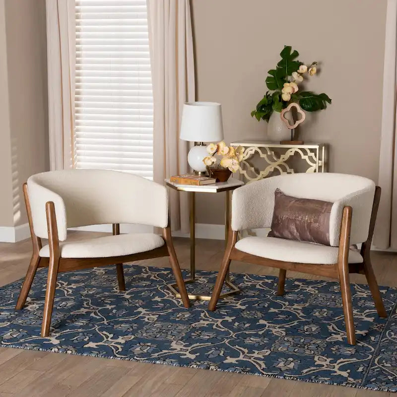 Fauteuil d'appoint Baron Mid-Century Modern en tissu bouclé crème et bois finition noyer brun, ensemble de 2 pièces pour salon