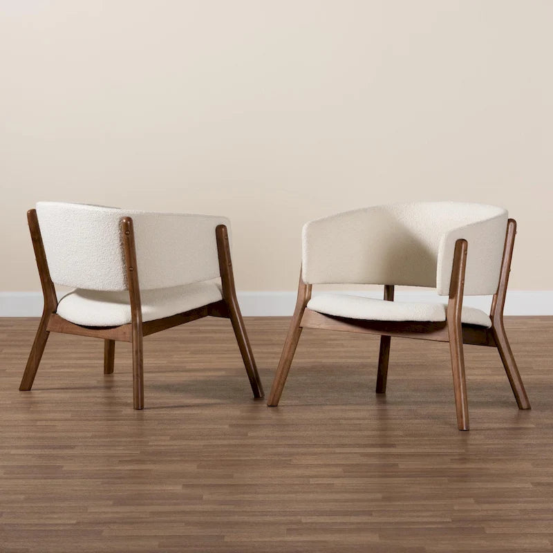 Fauteuil d'appoint Baron Mid-Century Modern en tissu bouclé crème et bois finition noyer brun, ensemble de 2 pièces pour salon