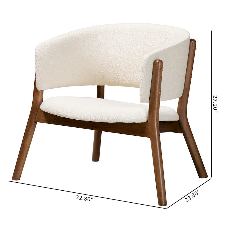 Fauteuil d'appoint Baron Mid-Century Modern en tissu bouclé crème et bois finition noyer brun, ensemble de 2 pièces pour salon