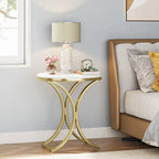 Petite table d'appoint ronde moderne avec cadre en métal doré et placage en faux marbre, en bois composite, pour le salon