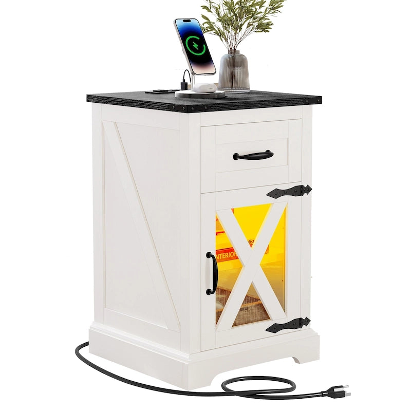 Table d'appoint Moasis LED avec étagère et tiroir, avec station de charge et prise de courant
