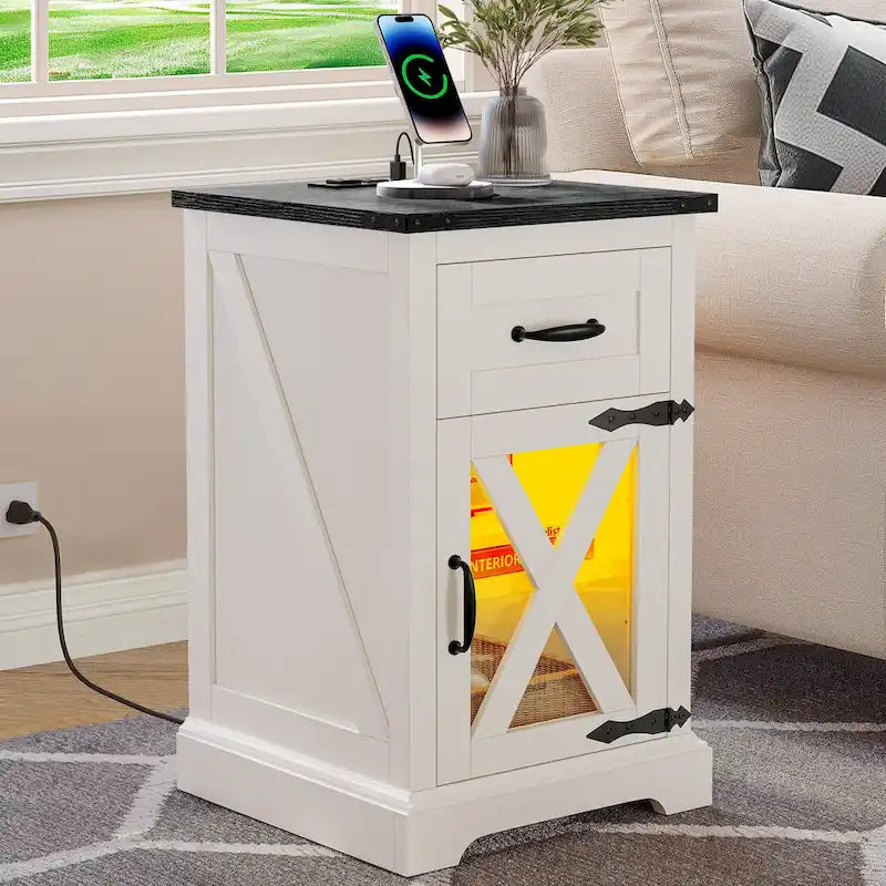 Table d'appoint Moasis LED avec étagère et tiroir, avec station de charge et prise de courant