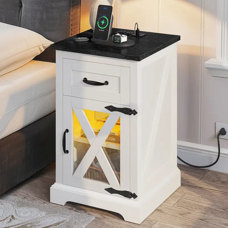 Table d'appoint Moasis LED avec étagère et tiroir, avec station de charge et prise de courant