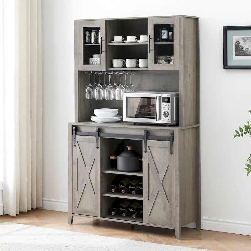 Meuble à vin de style campagnard de 42,5 pouces avec porte coulissante de grange – 15,7P x 42,5L x 69,6H