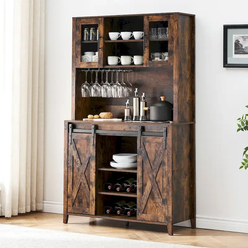 Meuble à vin de style campagnard de 42,5 pouces avec porte coulissante de grange – 15,7P x 42,5L x 69,6H