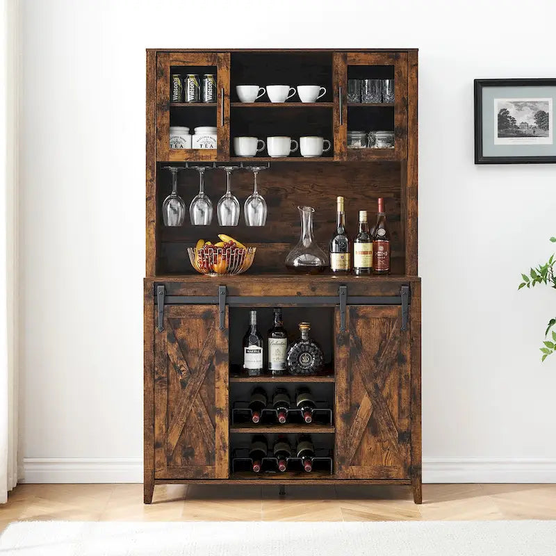 Meuble à vin de style campagnard de 42,5 pouces avec porte coulissante de grange – 15,7P x 42,5L x 69,6H