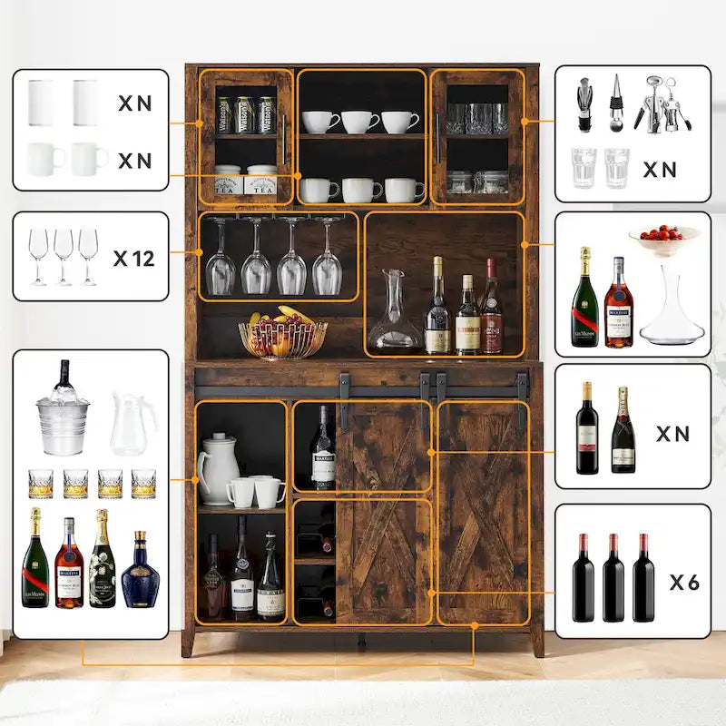Meuble à vin de style campagnard de 42,5 pouces avec porte coulissante de grange – 15,7P x 42,5L x 69,6H