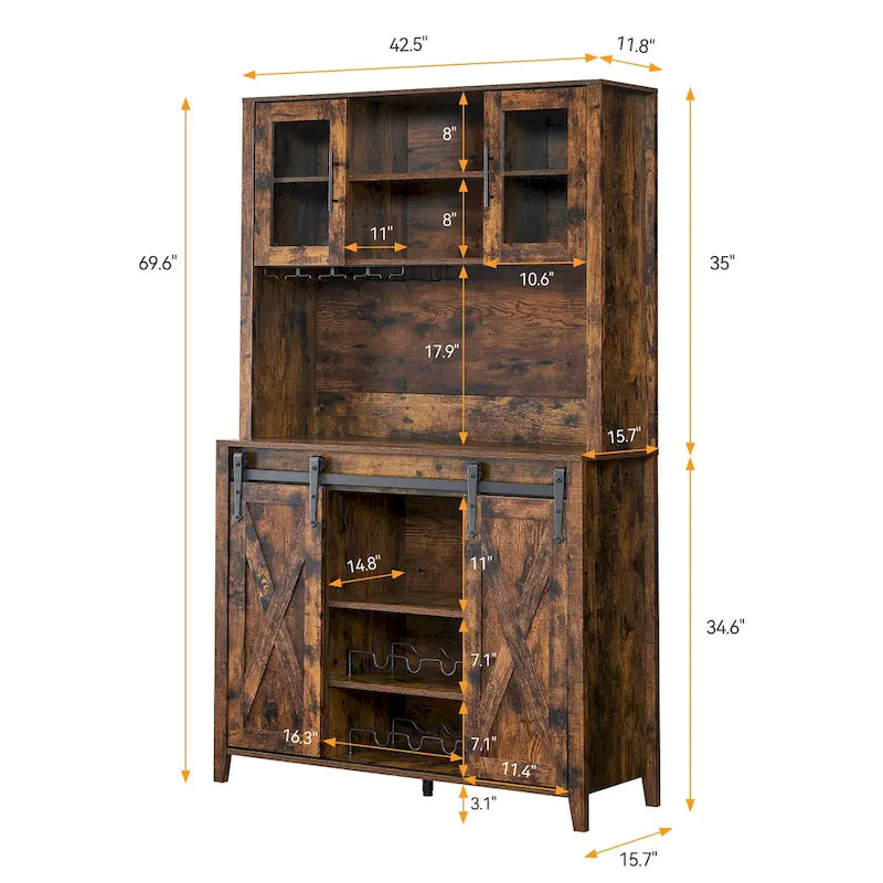 Meuble à vin de style campagnard de 42,5 pouces avec porte coulissante de grange – 15,7P x 42,5L x 69,6H