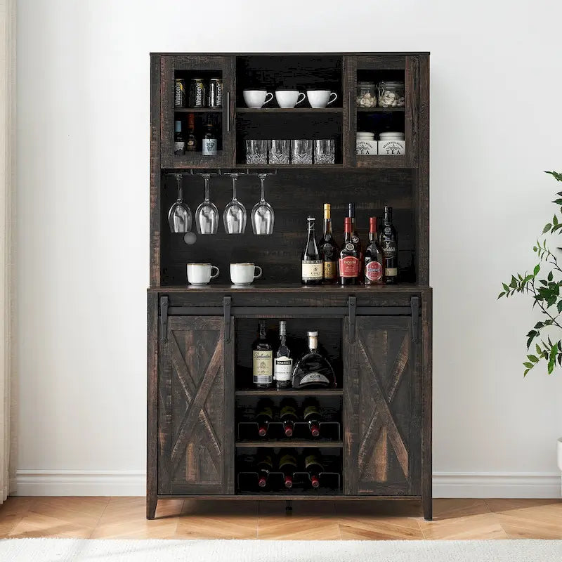 Meuble à vin de style campagnard de 42,5 pouces avec porte coulissante de grange – 15,7P x 42,5L x 69,6H
