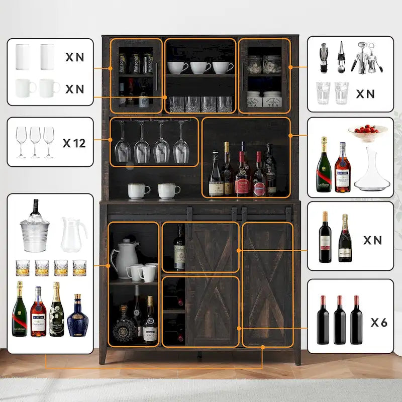 Meuble à vin de style campagnard de 42,5 pouces avec porte coulissante de grange – 15,7P x 42,5L x 69,6H