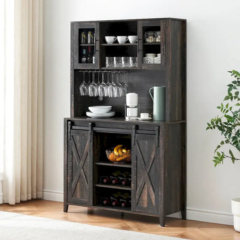 Meuble à vin de style campagnard de 42,5 pouces avec porte coulissante de grange – 15,7P x 42,5L x 69,6H