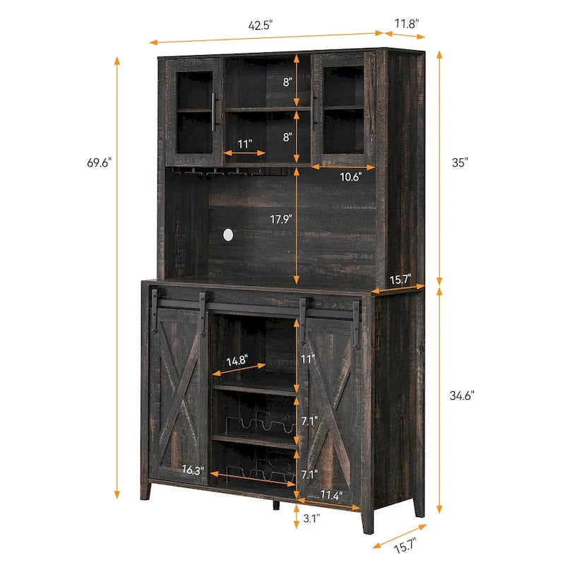 Meuble à vin de style campagnard de 42,5 pouces avec porte coulissante de grange – 15,7P x 42,5L x 69,6H