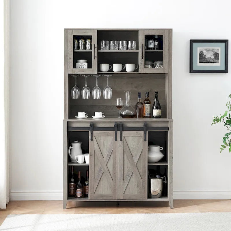 Meuble à vin de style campagnard de 42,5 pouces avec porte coulissante de grange – 15,7P x 42,5L x 69,6H