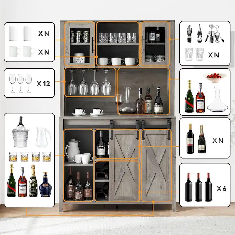 Meuble à vin de style campagnard de 42,5 pouces avec porte coulissante de grange – 15,7P x 42,5L x 69,6H
