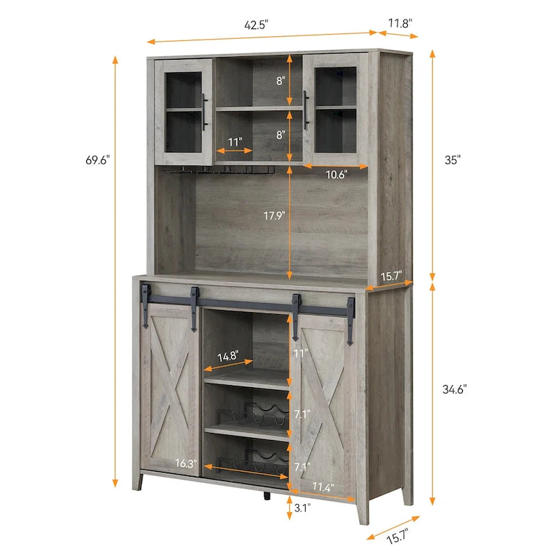 Meuble à vin de style campagnard de 42,5 pouces avec porte coulissante de grange – 15,7P x 42,5L x 69,6H