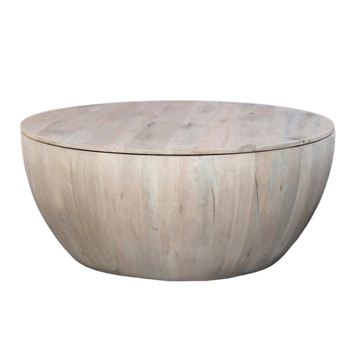 Table basse ronde de 37 pouces, de forme tambour fabriquée à la main avec rangement, en bois de manguier blanc délavé