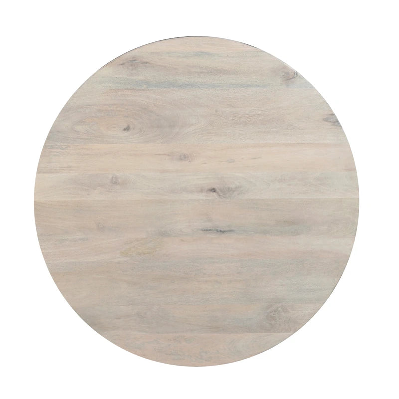 Table basse ronde de 37 pouces, de forme tambour fabriquée à la main avec rangement, en bois de manguier blanc délavé