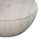 Table basse ronde de 37 pouces, de forme tambour fabriquée à la main avec rangement, en bois de manguier blanc délavé