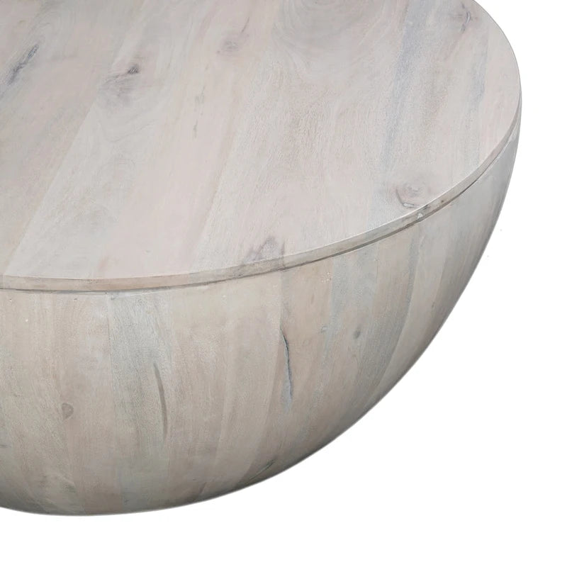 Table basse ronde de 37 pouces, de forme tambour fabriquée à la main avec rangement, en bois de manguier blanc délavé