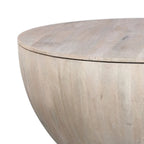 Table basse ronde de 37 pouces, de forme tambour fabriquée à la main avec rangement, en bois de manguier blanc délavé