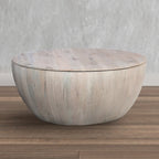 Table basse ronde de 37 pouces, de forme tambour fabriquée à la main avec rangement, en bois de manguier blanc délavé