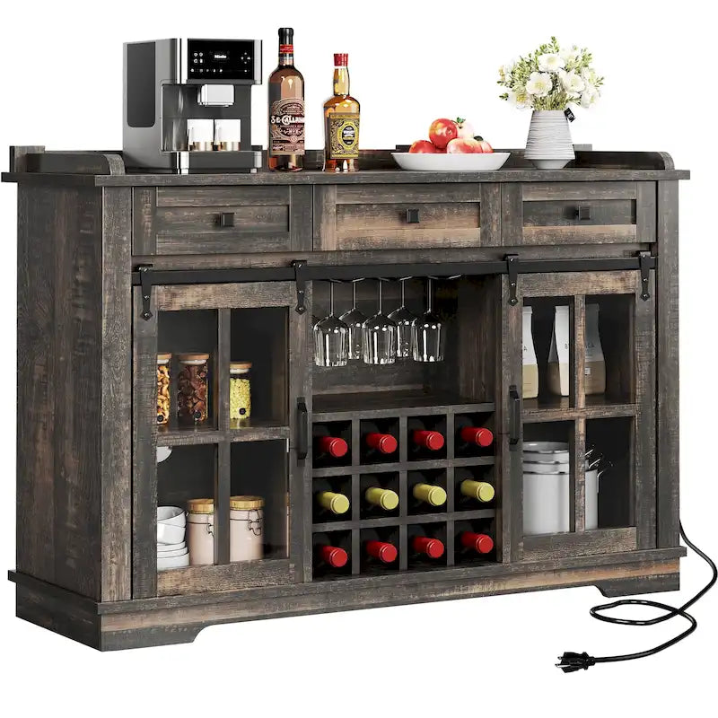 Meuble de rangement pour bouteilles de vin Moasis avec portes coulissantes façon grange, ports USB et prises électriques