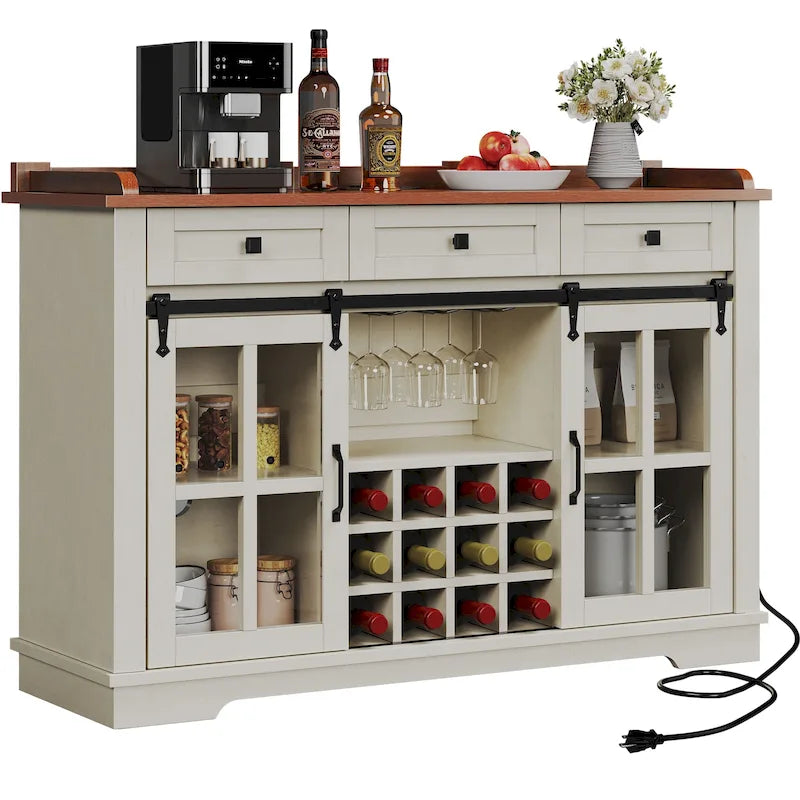 Meuble de rangement pour bouteilles de vin Moasis avec portes coulissantes façon grange, ports USB et prises électriques