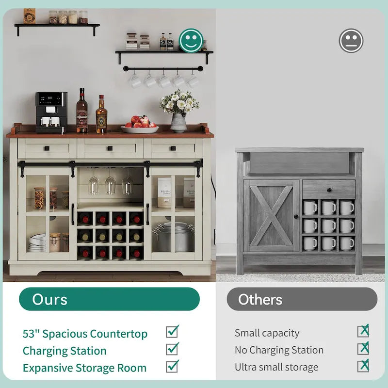 Meuble de rangement pour bouteilles de vin Moasis avec portes coulissantes façon grange, ports USB et prises électriques