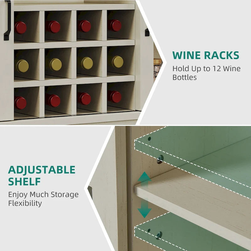 Meuble de rangement pour bouteilles de vin Moasis avec portes coulissantes façon grange, ports USB et prises électriques