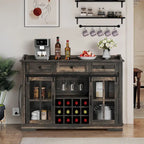 Meuble de rangement pour bouteilles de vin Moasis avec portes coulissantes façon grange, ports USB et prises électriques
