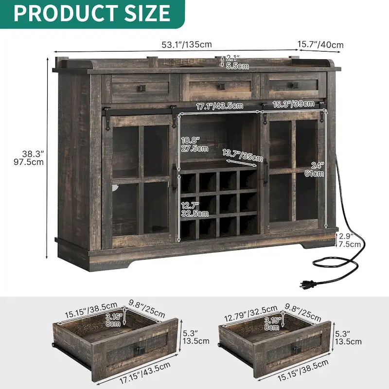 Meuble de rangement pour bouteilles de vin Moasis avec portes coulissantes façon grange, ports USB et prises électriques