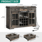 Meuble de rangement pour bouteilles de vin Moasis avec portes coulissantes façon grange, ports USB et prises électriques