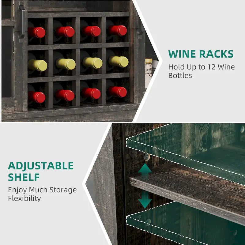 Meuble de rangement pour bouteilles de vin Moasis avec portes coulissantes façon grange, ports USB et prises électriques