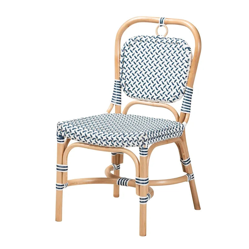 Chaise de bistrot Luciana en rotin naturel, tissage bleu et blanc de style français moderne
