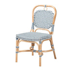 Chaise de bistrot Luciana en rotin naturel, tissage bleu et blanc de style français moderne