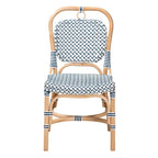 Chaise de bistrot Luciana en rotin naturel, tissage bleu et blanc de style français moderne
