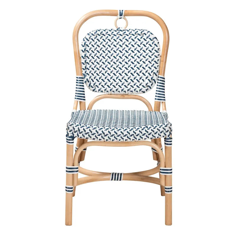 Chaise de bistrot Luciana en rotin naturel, tissage bleu et blanc de style français moderne