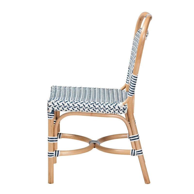 Chaise de bistrot Luciana en rotin naturel, tissage bleu et blanc de style français moderne