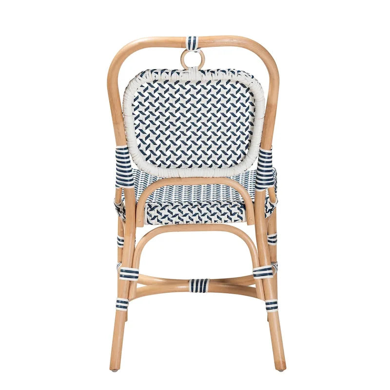 Chaise de bistrot Luciana en rotin naturel, tissage bleu et blanc de style français moderne