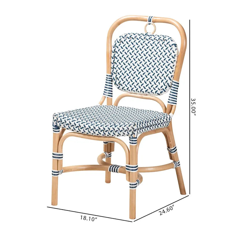 Chaise de bistrot Luciana en rotin naturel, tissage bleu et blanc de style français moderne