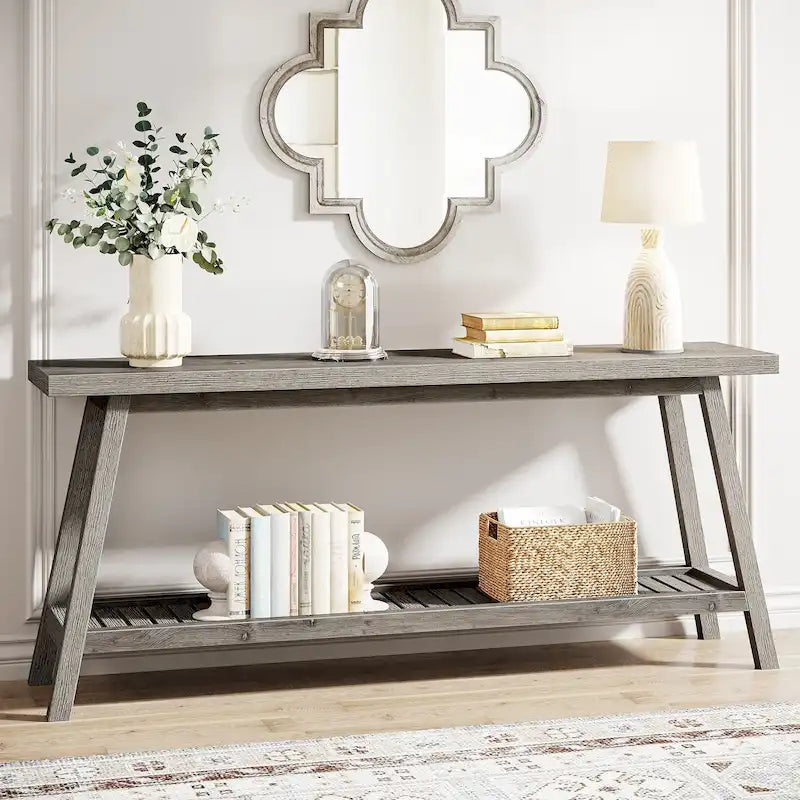 Console 2 niveaux gris et marron, 180 cm – Table d'entrée / Salon / Derrière canapé