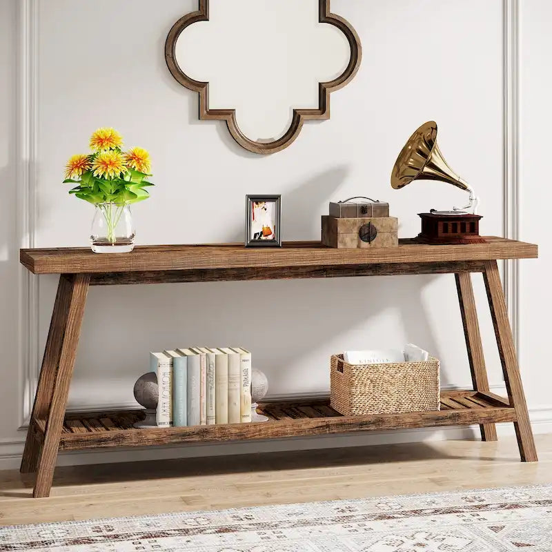 Console 2 niveaux gris et marron, 180 cm – Table d'entrée / Salon / Derrière canapé