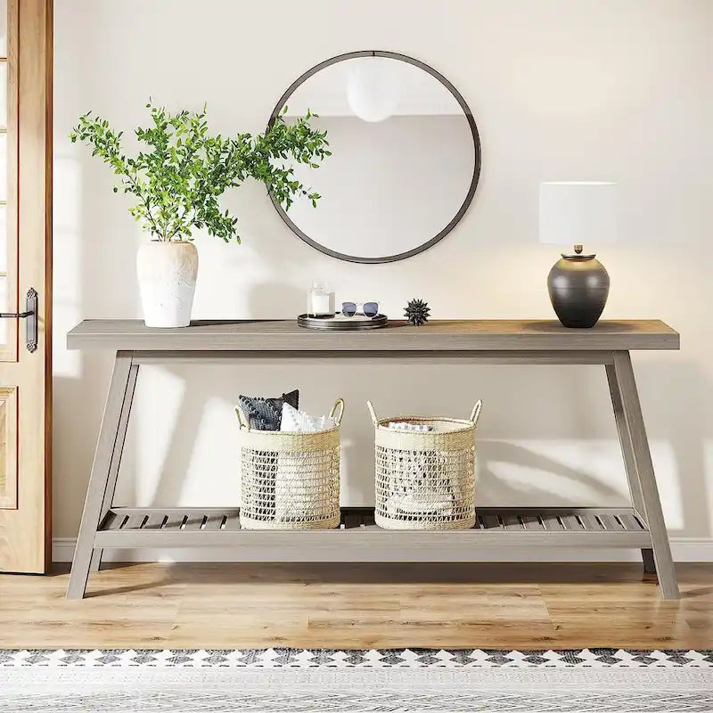 Console 2 niveaux gris et marron, 180 cm – Table d'entrée / Salon / Derrière canapé