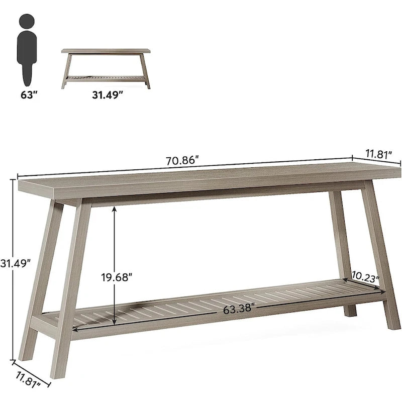 Console 2 niveaux gris et marron, 180 cm – Table d'entrée / Salon / Derrière canapé