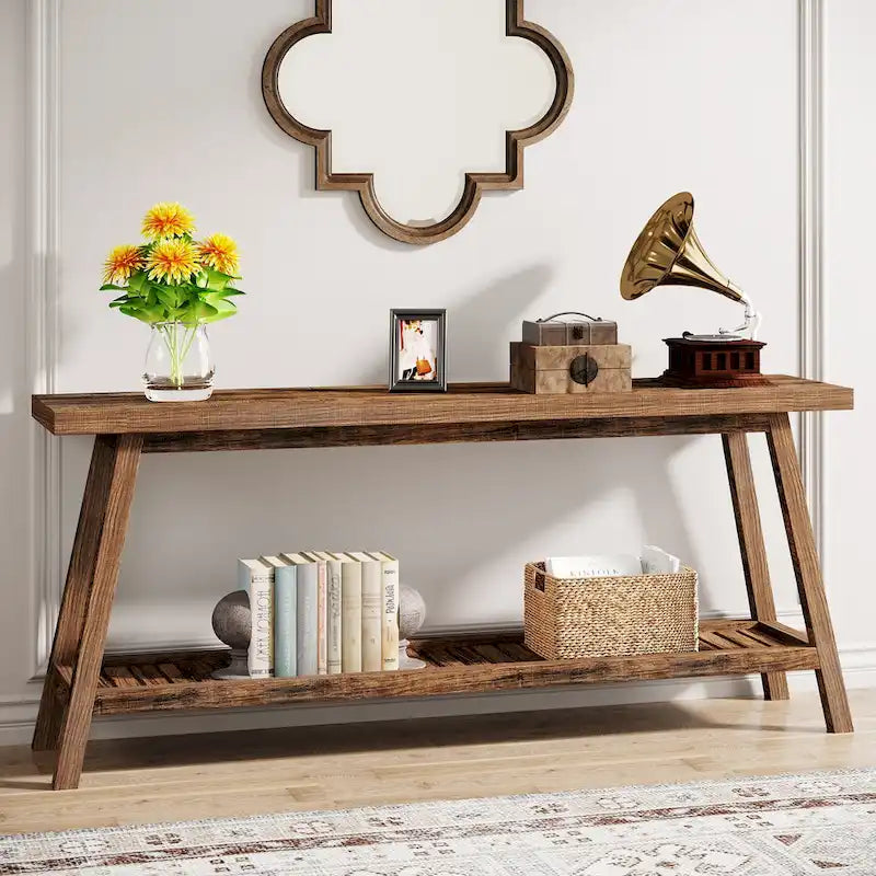 Console 2 niveaux gris et marron, 180 cm – Table d'entrée / Salon / Derrière canapé