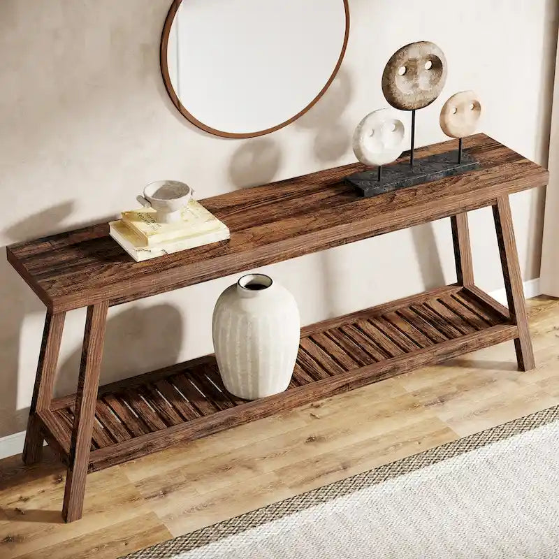 Console 2 niveaux gris et marron, 180 cm – Table d'entrée / Salon / Derrière canapé