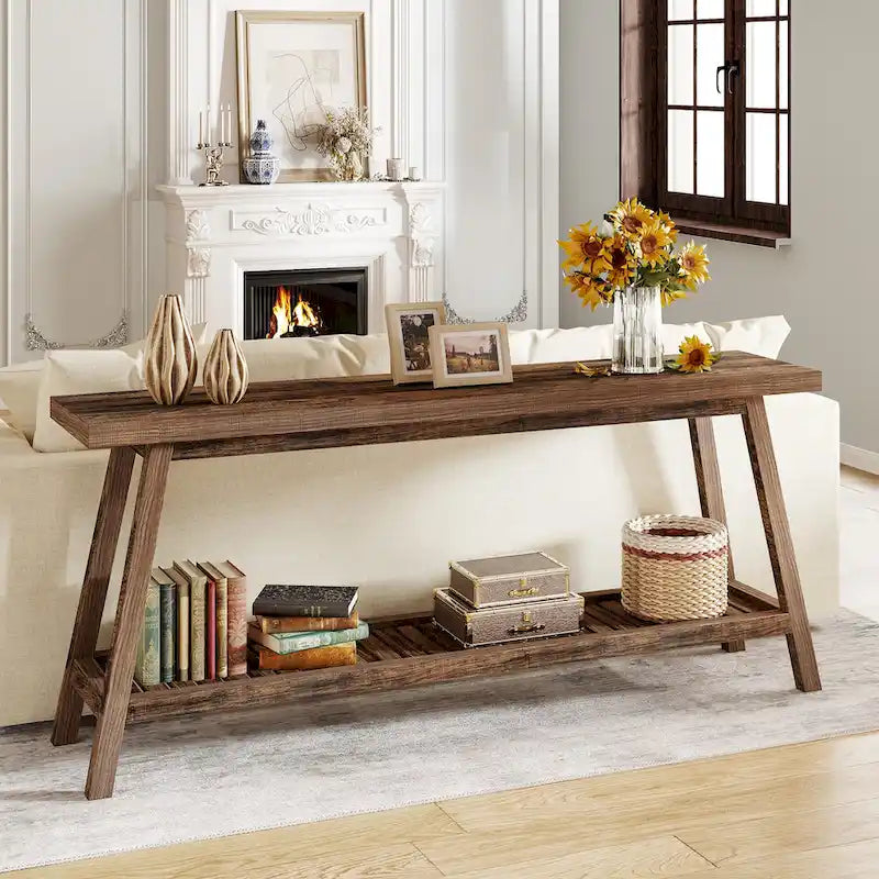 Console 2 niveaux gris et marron, 180 cm – Table d'entrée / Salon / Derrière canapé