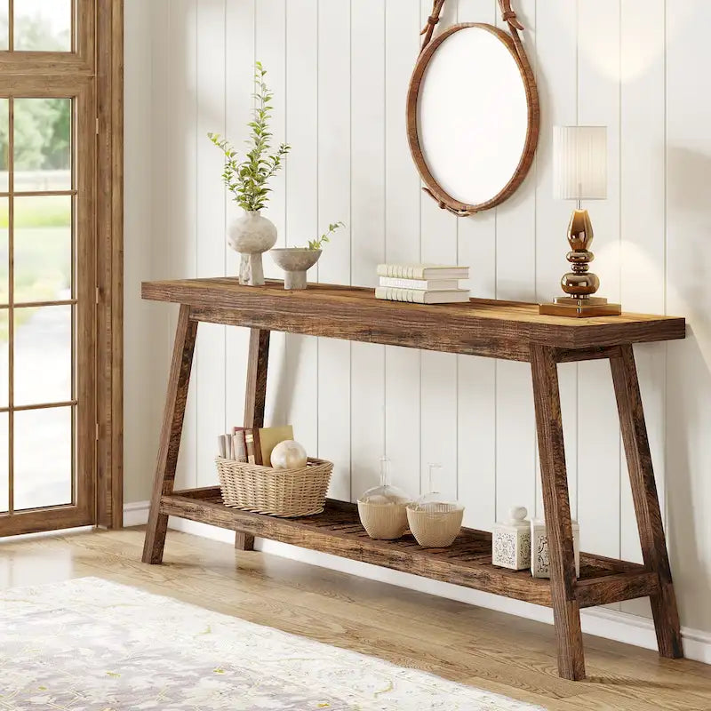 Console 2 niveaux gris et marron, 180 cm – Table d'entrée / Salon / Derrière canapé