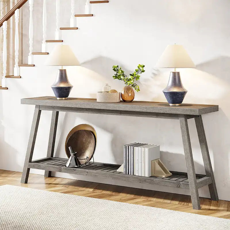 Console 2 niveaux gris et marron, 180 cm – Table d'entrée / Salon / Derrière canapé